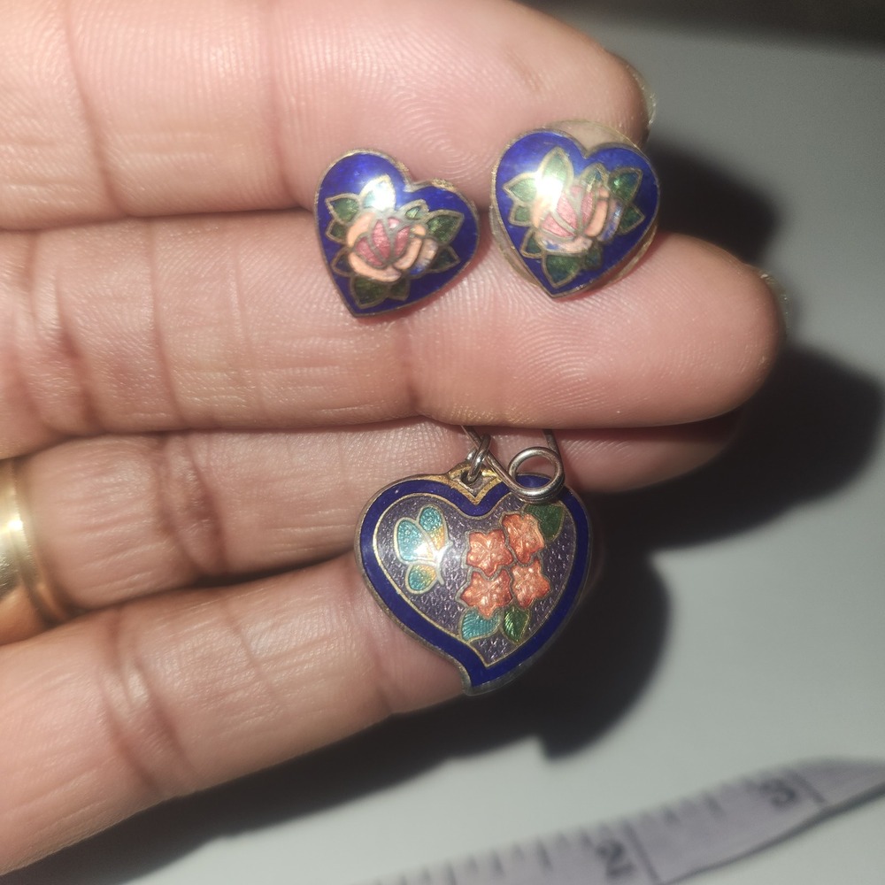 Heart Enamel Pin Brooch Pendant Charm Set Floral Blue Red Gold Tone